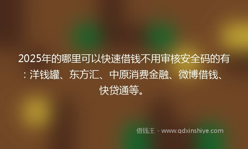 2025年的哪里可以快速借钱不用审核安全码的有：洋钱罐、东方汇、中原消费金融、微博借钱、快贷通等。