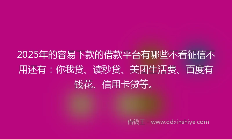 2025年的容易下款的借款平台有哪些不看征信不用还有：你我贷、读秒贷、美团生活费、百度有钱花、信用卡贷等。