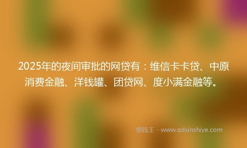 2025年的夜间审批的网贷有：维信卡卡贷、中原消费金融、洋钱罐、团贷网、度小满金融等。