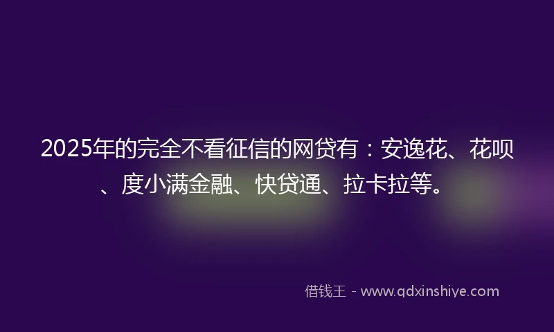 2025年的完全不看征信的网贷有：安逸花、花呗、度小满金融、快贷通、拉卡拉等。
