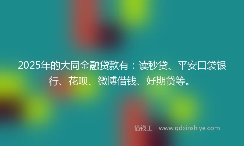 2025年的大同金融贷款有：读秒贷、平安口袋银行、花呗、微博借钱、好期贷等。