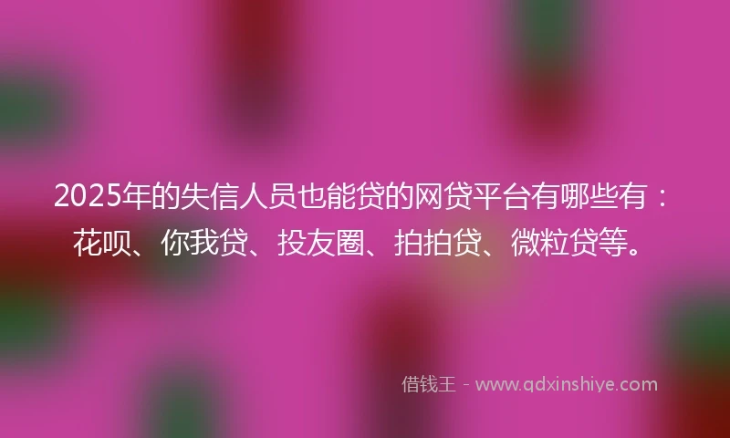 2025年的失信人员也能贷的网贷平台有哪些有：花呗、你我贷、投友圈、拍拍贷、微粒贷等。