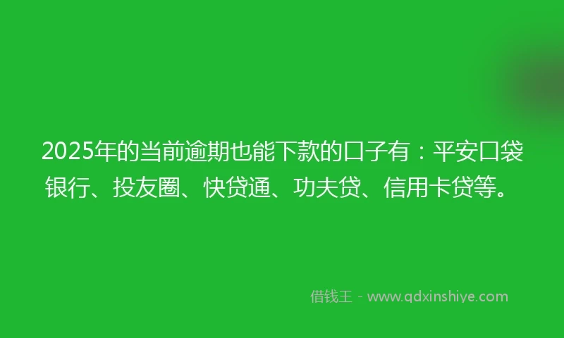 2025年的当前逾期也能下款的口子有：平安口袋银行、投友圈、快贷通、功夫贷、信用卡贷等。