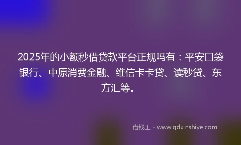 2025年的小额秒借贷款平台正规吗有：平安口袋银行、中原消费金融、维信卡卡贷、读秒贷、东方汇等。