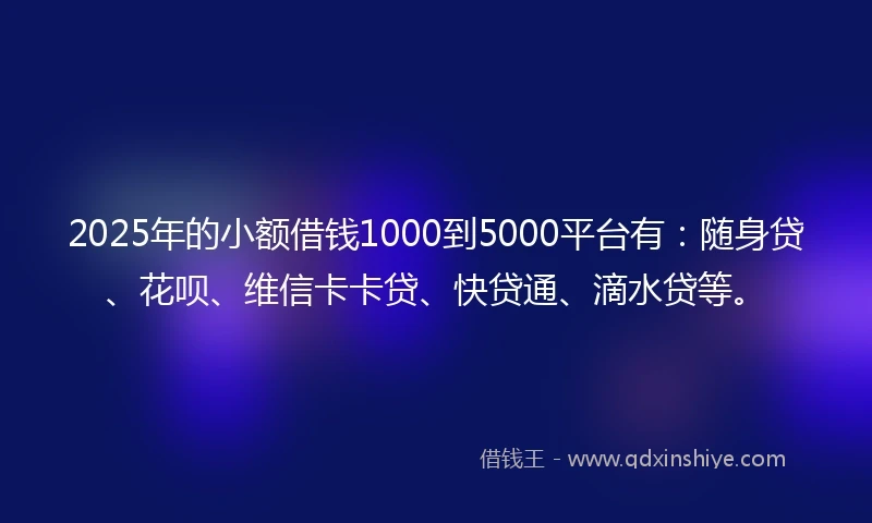 2025年的小额借钱1000到5000平台有：随身贷、花呗、维信卡卡贷、快贷通、滴水贷等。