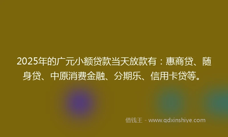 2025年的广元小额贷款当天放款有：惠商贷、随身贷、中原消费金融、分期乐、信用卡贷等。