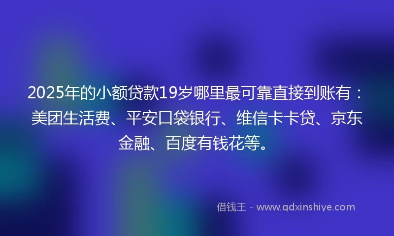 2025年的小额贷款19岁哪里最可靠直接到账有：美团生活费、平安口袋银行、维信卡卡贷、京东金融、百度有钱花等。