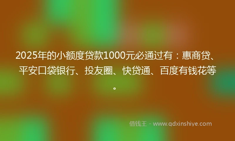 2025年的小额度贷款1000元必通过有：惠商贷、平安口袋银行、投友圈、快贷通、百度有钱花等。