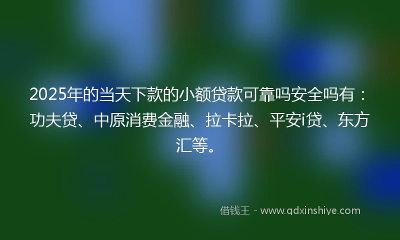 2025年的当天下款的小额贷款可靠吗安全吗有：功夫贷、中原消费金融、拉卡拉、平安i贷、东方汇等。