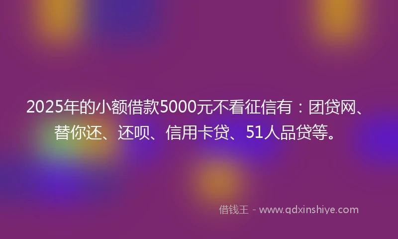2025年的小额借款5000元不看征信有：团贷网、替你还、还呗、信用卡贷、51人品贷等。