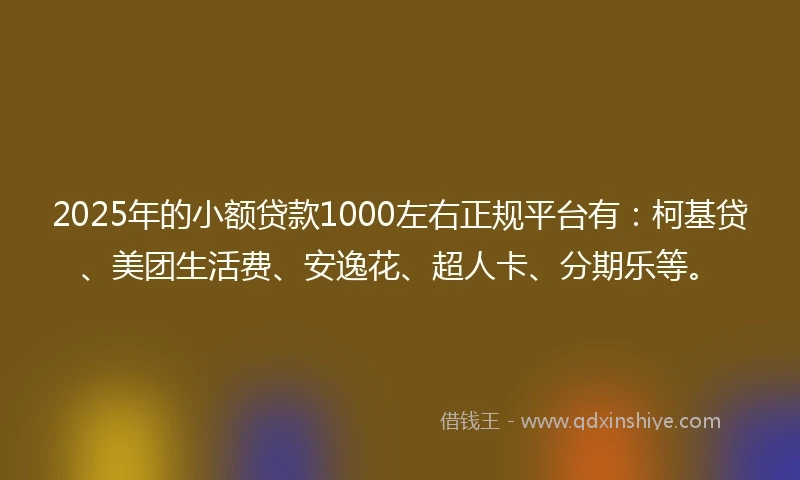2025年的小额贷款1000左右正规平台有：柯基贷、美团生活费、安逸花、超人卡、分期乐等。