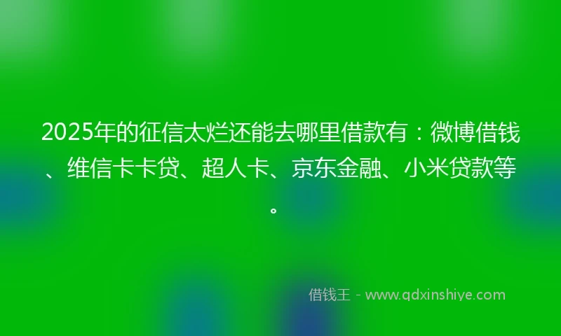 2025年的征信太烂还能去哪里借款有：微博借钱、维信卡卡贷、超人卡、京东金融、小米贷款等。