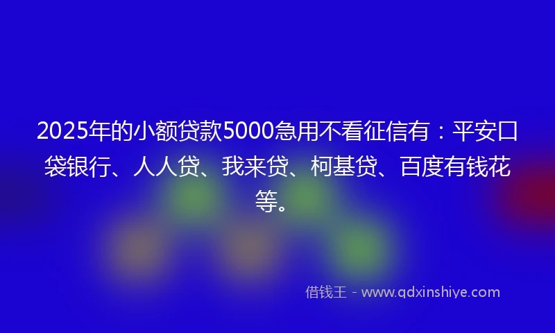 2025年的小额贷款5000急用不看征信有：平安口袋银行、人人贷、我来贷、柯基贷、百度有钱花等。