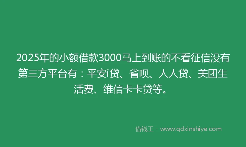 2025年的小额借款3000马上到账的不看征信没有第三方平台有：平安i贷、省呗、人人贷、美团生活费、维信卡卡贷等。