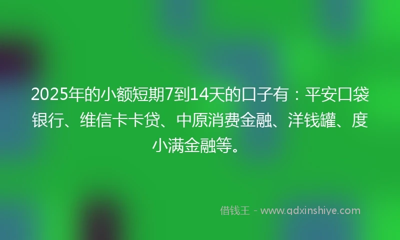 2025年的小额短期7到14天的口子有:平安口袋银行、维信卡卡贷、中原消费金融、洋钱罐、度小满金融等。