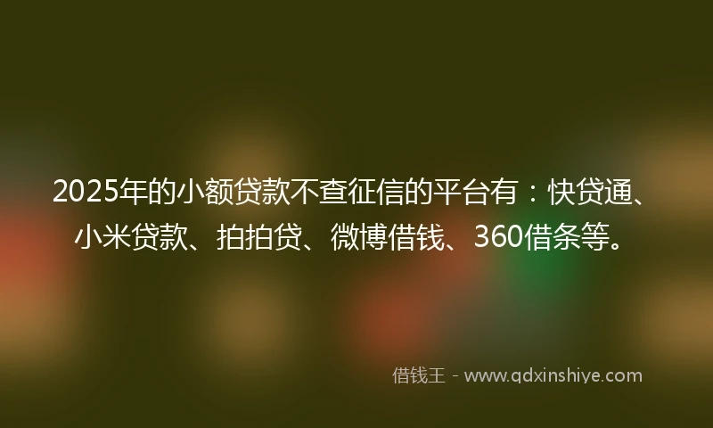 2025年的小额贷款不查征信的平台有：快贷通、小米贷款、拍拍贷、微博借钱、360借条等。