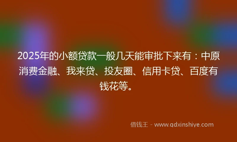 2025年的小额贷款一般几天能审批下来有：中原消费金融、我来贷、投友圈、信用卡贷、百度有钱花等。