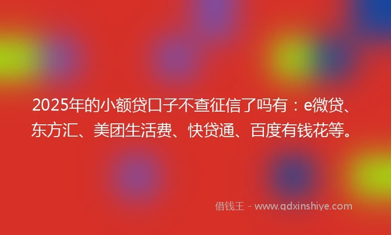 2025年的小额贷口子不查征信了吗有：e微贷、东方汇、美团生活费、快贷通、百度有钱花等。