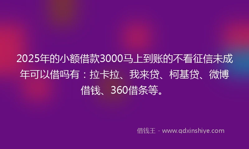 2025年的小额借款3000马上到账的不看征信未成年可以借吗有：拉卡拉、我来贷、柯基贷、微博借钱、360借条等。