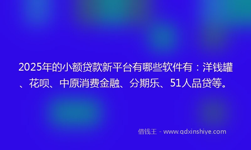 2025年的小额贷款新平台有哪些软件有：洋钱罐、花呗、中原消费金融、分期乐、51人品贷等。