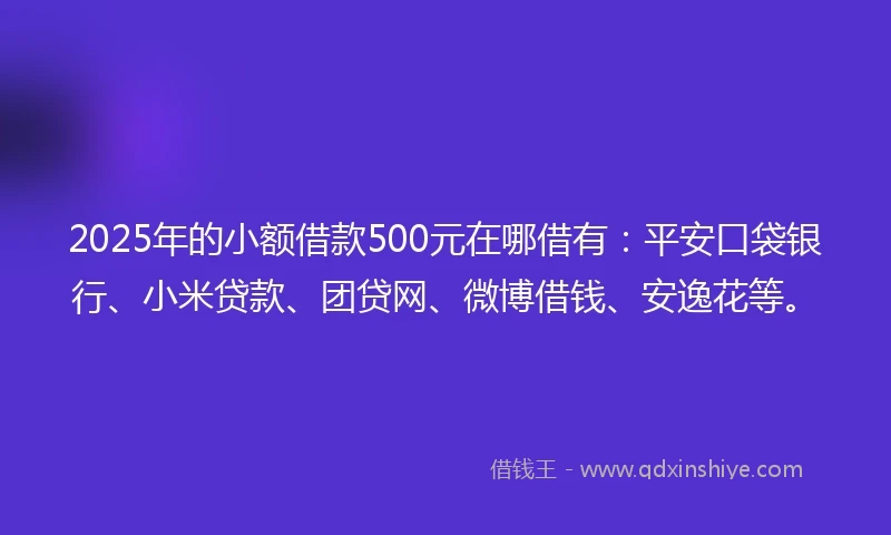 2025年的小额借款500元在哪借有：平安口袋银行、小米贷款、团贷网、微博借钱、安逸花等。