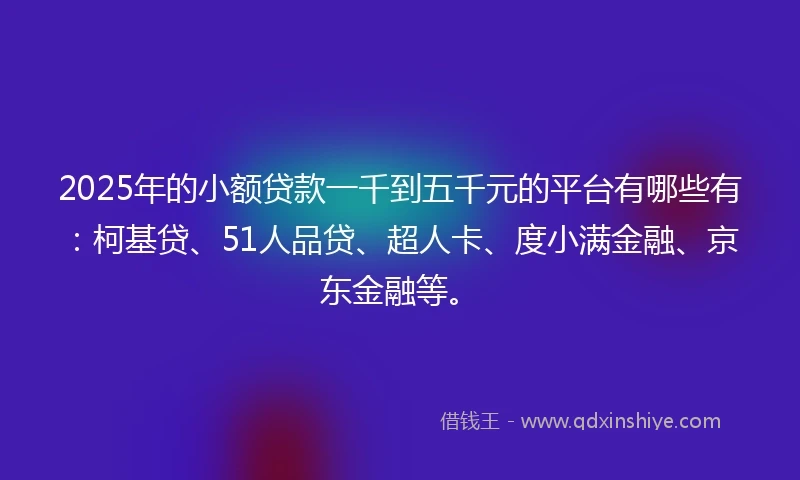 2025年的小额贷款一千到五千元的平台有哪些有：柯基贷、51人品贷、超人卡、度小满金融、京东金融等。