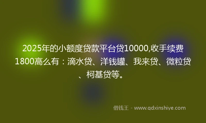 2025年的小额度贷款平台贷10000,收手续费1800高么有：滴水贷、洋钱罐、我来贷、微粒贷、柯基贷等。