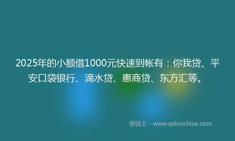 2025年的小额借1000元快速到帐有：你我贷、平安口袋银行、滴水贷、惠商贷、东方汇等。