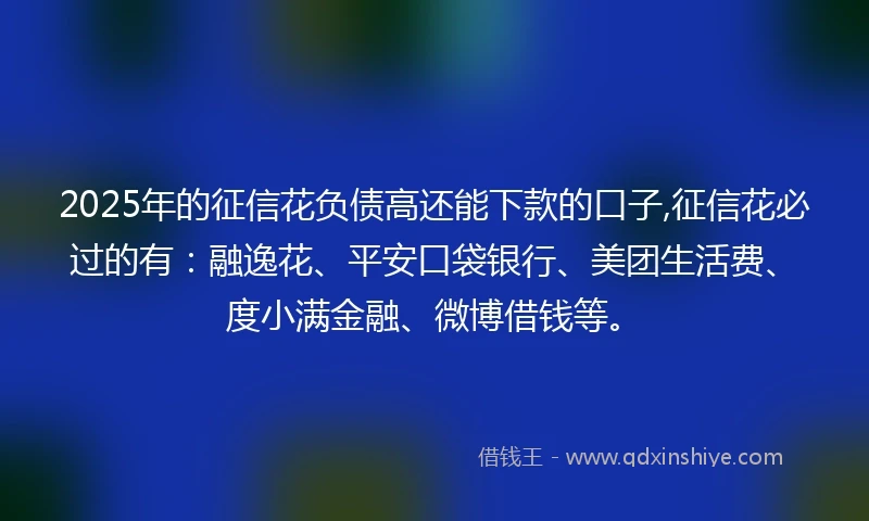 2025年的征信花负债高还能下款的口子,征信花必过的有：融逸花、平安口袋银行、美团生活费、度小满金融、微博借钱等。