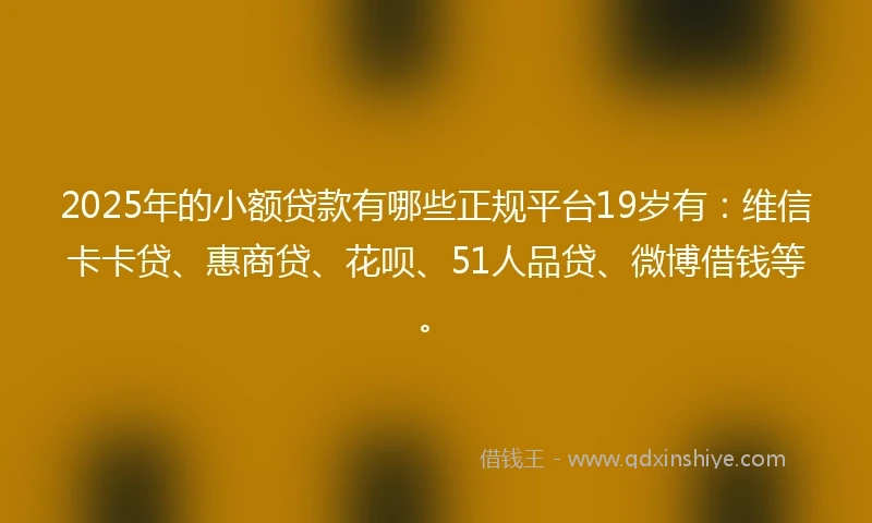 2025年的小额贷款有哪些正规平台19岁有：维信卡卡贷、惠商贷、花呗、51人品贷、微博借钱等。