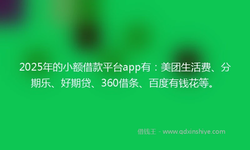 2025年的小额借款平台app有：美团生活费、分期乐、好期贷、360借条、百度有钱花等。