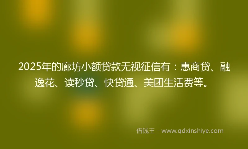 2025年的廊坊小额贷款无视征信有：惠商贷、融逸花、读秒贷、快贷通、美团生活费等。