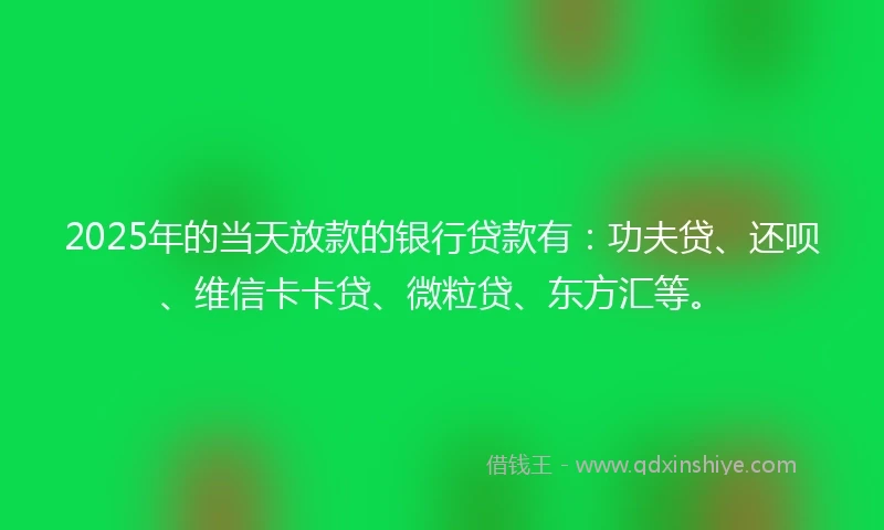 2025年的当天放款的银行贷款有：功夫贷、还呗、维信卡卡贷、微粒贷、东方汇等。