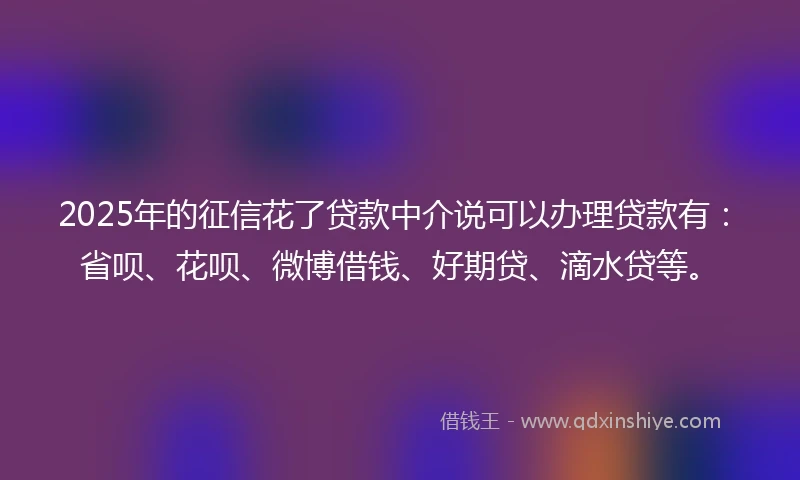 2025年的征信花了贷款中介说可以办理贷款有：省呗、花呗、微博借钱、好期贷、滴水贷等。