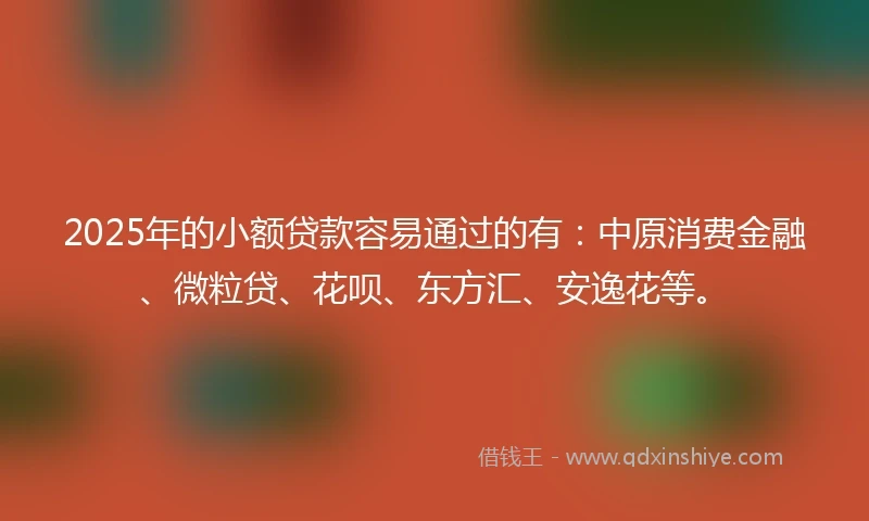 2025年的小额贷款容易通过的有：中原消费金融、微粒贷、花呗、东方汇、安逸花等。