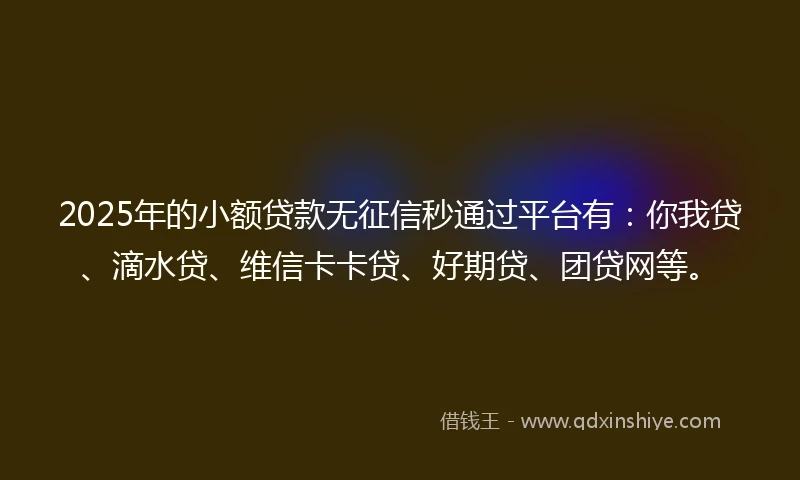 2025年的小额贷款无征信秒通过平台有：你我贷、滴水贷、维信卡卡贷、好期贷、团贷网等。