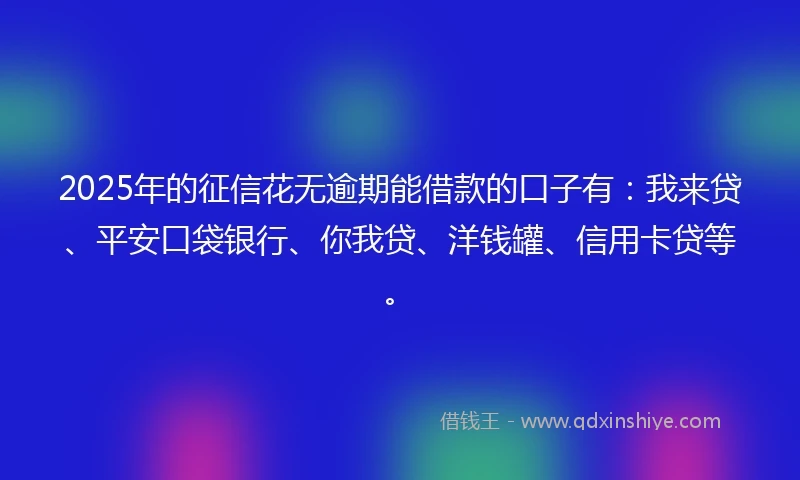 2025年的征信花无逾期能借款的口子有：我来贷、平安口袋银行、你我贷、洋钱罐、信用卡贷等。