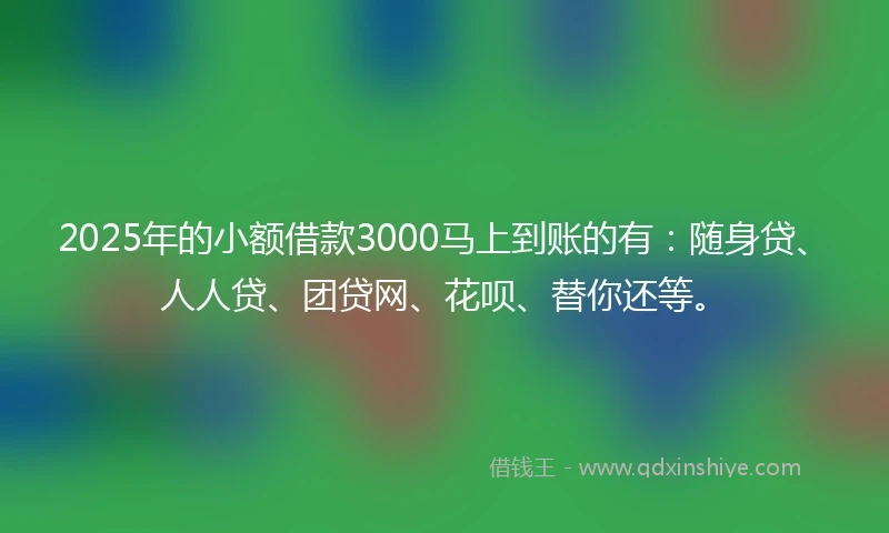 2025年的小额借款3000马上到账的有：随身贷、人人贷、团贷网、花呗、替你还等。