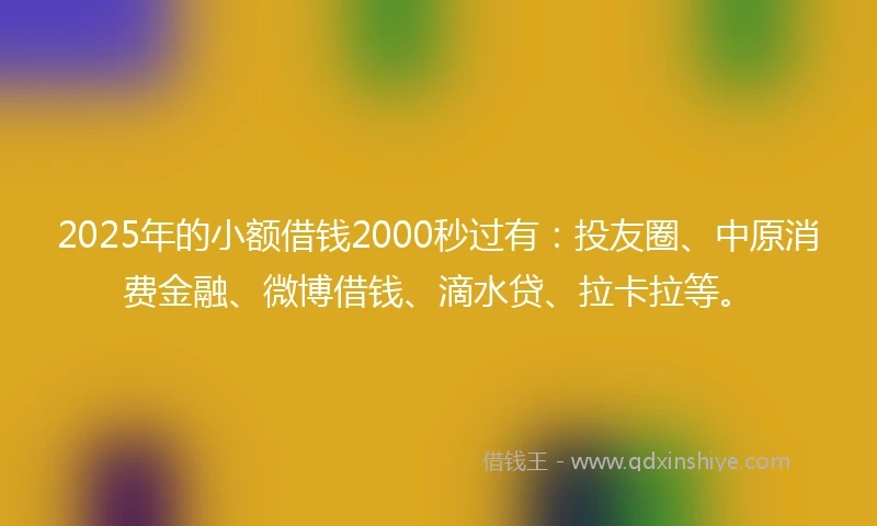 2025年的小额借钱2000秒过有：投友圈、中原消费金融、微博借钱、滴水贷、拉卡拉等。