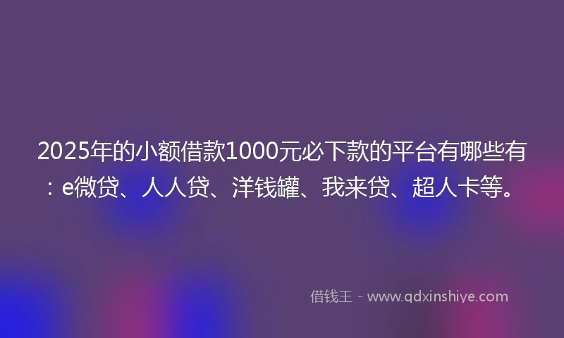2025年的小额借款1000元必下款的平台有哪些有：e微贷、人人贷、洋钱罐、我来贷、超人卡等。