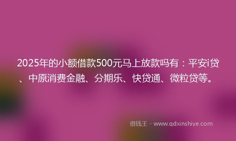 2025年的小额借款500元马上放款吗有：平安i贷、中原消费金融、分期乐、快贷通、微粒贷等。
