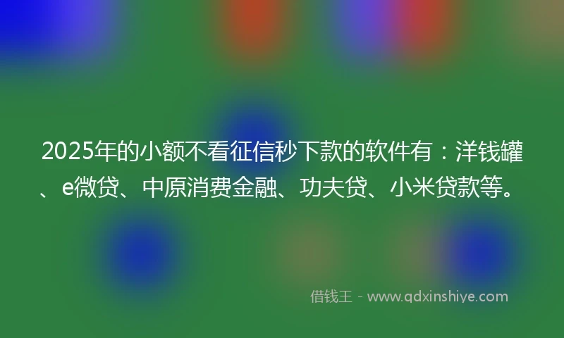 2025年的小额不看征信秒下款的软件有：洋钱罐、e微贷、中原消费金融、功夫贷、小米贷款等。