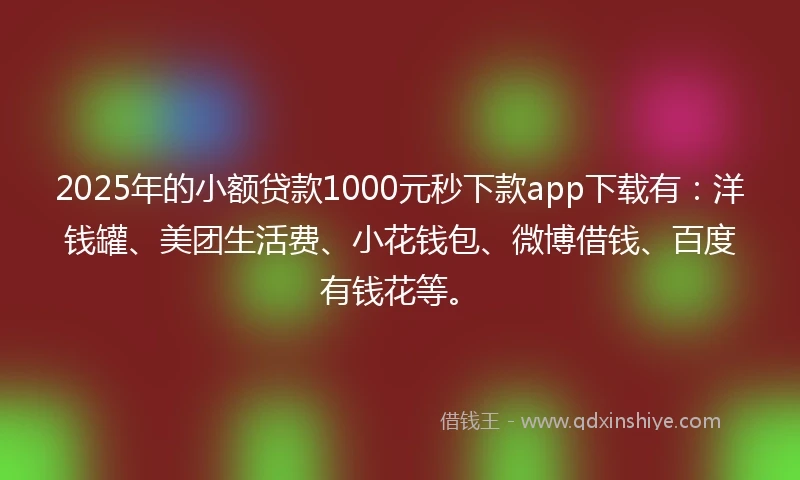 2025年的小额贷款1000元秒下款app下载有：洋钱罐、美团生活费、小花钱包、微博借钱、百度有钱花等。