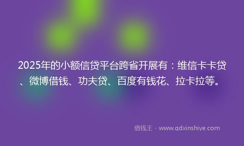 2025年的小额信贷平台跨省开展有：维信卡卡贷、微博借钱、功夫贷、百度有钱花、拉卡拉等。