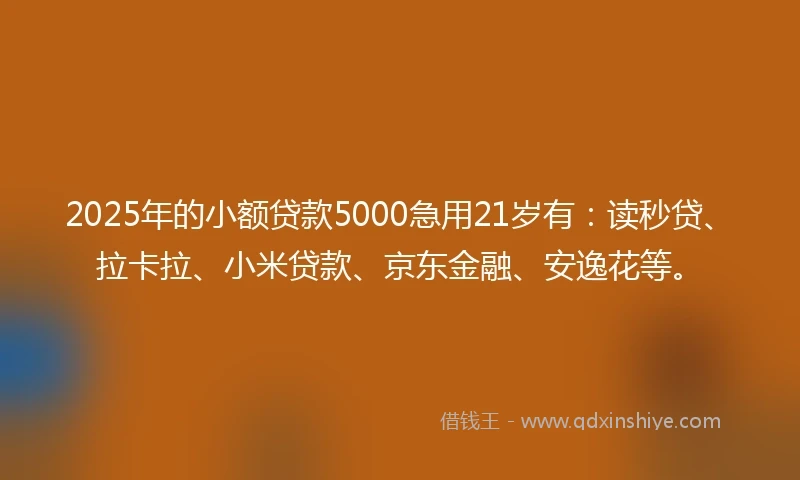 2025年的小额贷款5000急用21岁有：读秒贷、拉卡拉、小米贷款、京东金融、安逸花等。