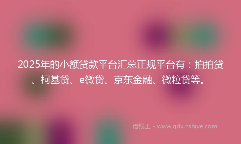 2025年的小额贷款平台汇总正规平台有：拍拍贷、柯基贷、e微贷、京东金融、微粒贷等。