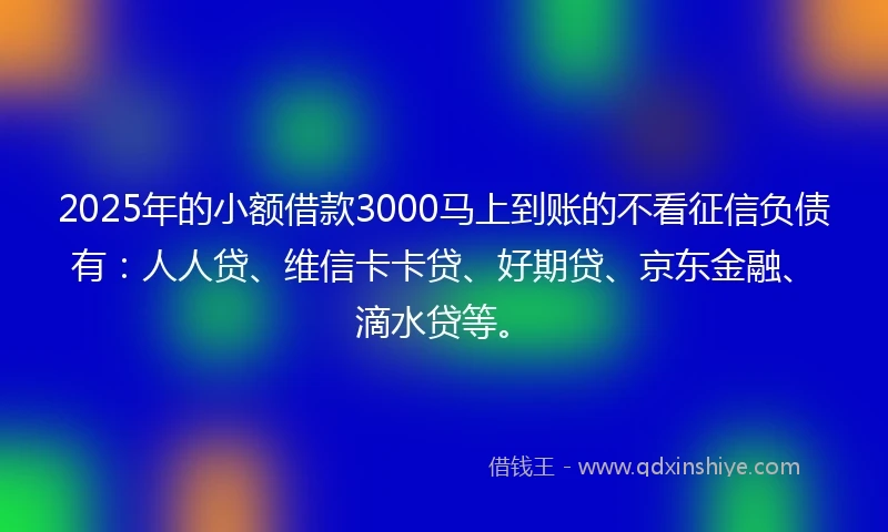 2025年的小额借款3000马上到账的不看征信负债有：人人贷、维信卡卡贷、好期贷、京东金融、滴水贷等。