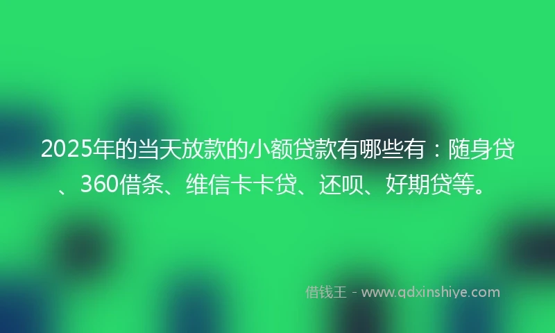 2025年的当天放款的小额贷款有哪些有：随身贷、360借条、维信卡卡贷、还呗、好期贷等。