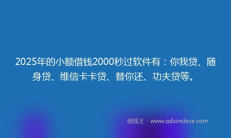 2025年的小额借钱2000秒过软件有：你我贷、随身贷、维信卡卡贷、替你还、功夫贷等。