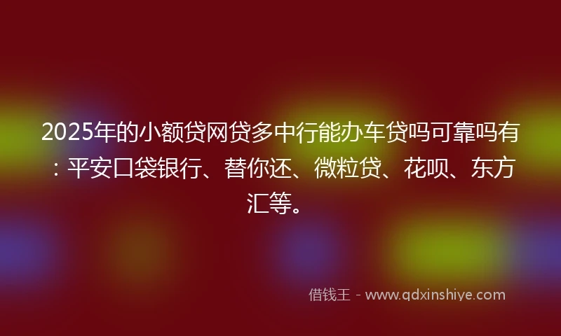 2025年的小额贷网贷多中行能办车贷吗可靠吗有：平安口袋银行、替你还、微粒贷、花呗、东方汇等。